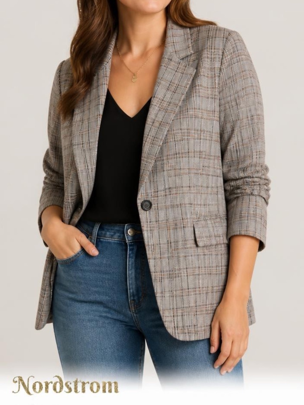 Nordstrom Womens Blazer Jackets Sz 1X Plaid Gray-Brown Career Business Office